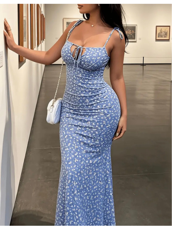 Unbranded Dresses & Skirts - Women's Unbranded Blue Floral Tie-Strap Bodycon Maxi Dress – Size Small